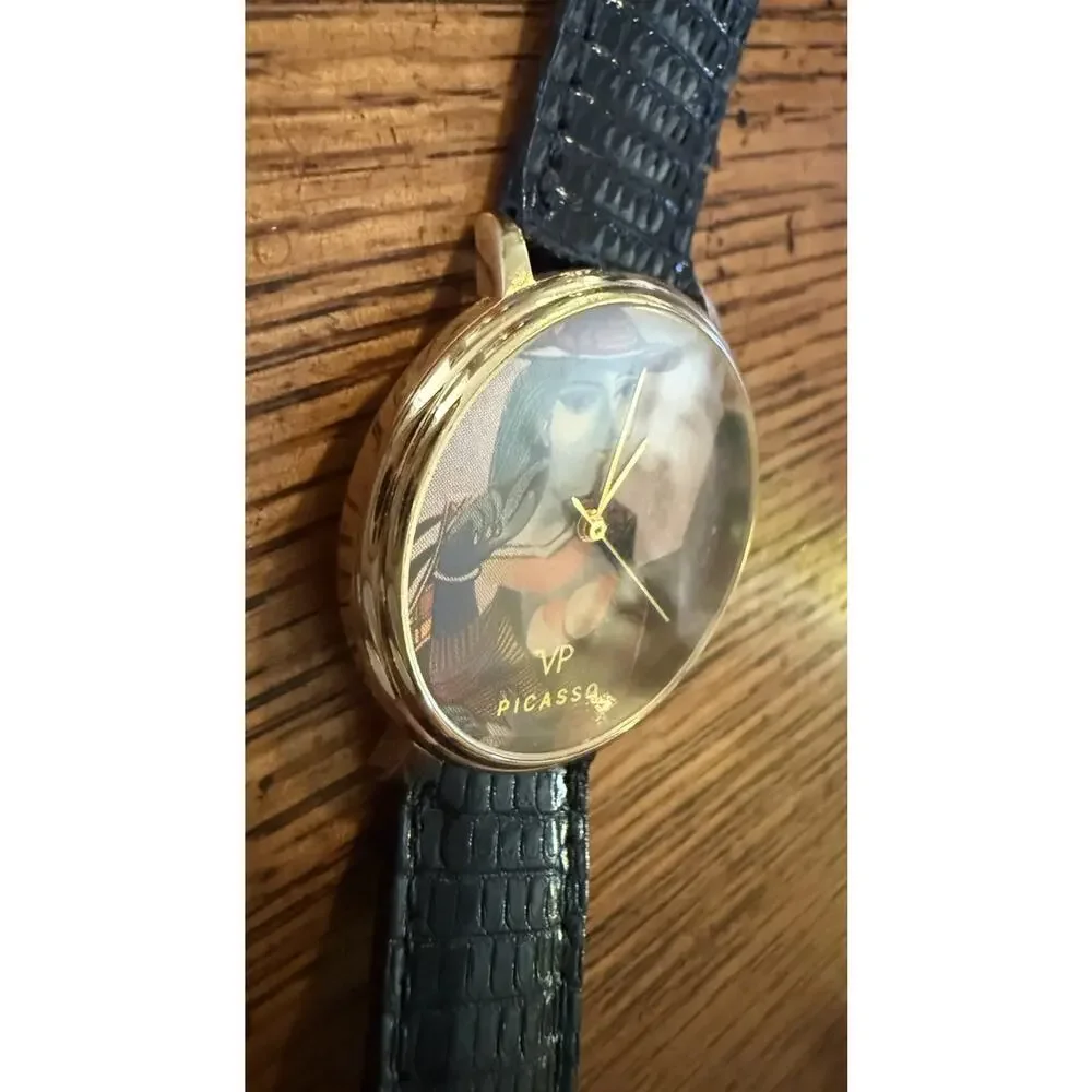 Vintage VP Picasso Art Watch 32mm Gold Black Lizard Strap Quartz. New Battery